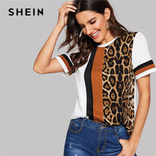 Load image into Gallery viewer, SHEIN Color Block Cut-and-Sew Leopard Panel Top Short Sleeve O-Neck Casual T Shirt Women 2019 Summer Leisure Ladies Tshirt Tops