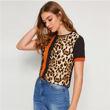 Load image into Gallery viewer, SHEIN Color Block Cut-and-Sew Leopard Panel Top Short Sleeve O-Neck Casual T Shirt Women 2019 Summer Leisure Ladies Tshirt Tops