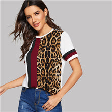 Load image into Gallery viewer, SHEIN Color Block Cut-and-Sew Leopard Panel Top Short Sleeve O-Neck Casual T Shirt Women 2019 Summer Leisure Ladies Tshirt Tops