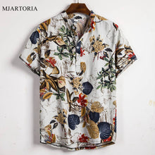 Load image into Gallery viewer, Summer Man Shirt Mens Ethnic Printed Stand Collar Cotton Linen Stripe Short Sleeve Loose Hawaiian Henley Shirt hawaiian shirt