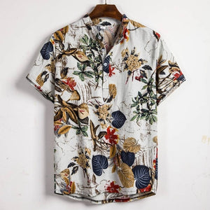 Summer Man Shirt Mens Ethnic Printed Stand Collar Cotton Linen Stripe Short Sleeve Loose Hawaiian Henley Shirt hawaiian shirt