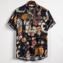 Load image into Gallery viewer, Summer Man Shirt Mens Ethnic Printed Stand Collar Cotton Linen Stripe Short Sleeve Loose Hawaiian Henley Shirt hawaiian shirt