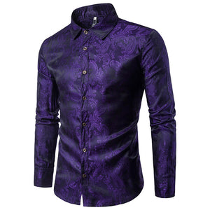 Banquet Wedding Shirt Party Shirt Bar Nightclub Shirt  Men Shirt Bright long Shirt tPaisley Shirt Men Long sleeved Shirt