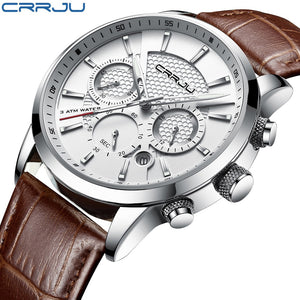 CRRJU New Fashion Men Watches Analog Quartz Wristwatches 30M Waterproof Chronograph Sport Date Leather Band Watches montre homme