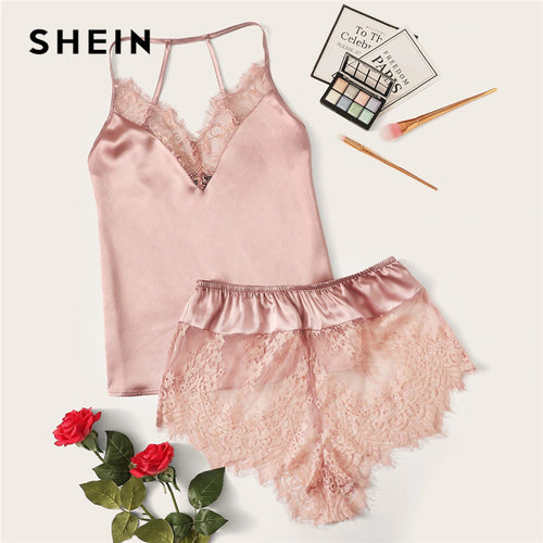 SHEIN Lace Trim Satin Cami Top and Shorts Pj Set Set