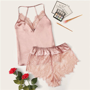 SHEIN Lace Trim Satin Cami Top and Shorts Pj Set Set