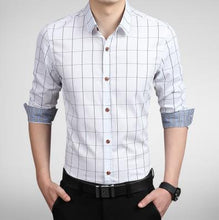 Load image into Gallery viewer, Plaid Shirt Men Long Sleeve Slim Fit White M-5XL 100% Cotton