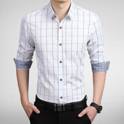 Plaid Shirt Men Long Sleeve Slim Fit White M-5XL 100% Cotton