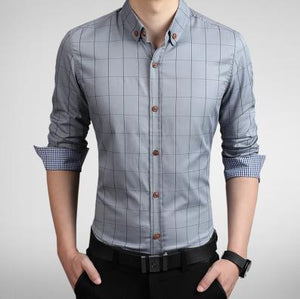 Plaid Shirt Men Long Sleeve Slim Fit White M-5XL 100% Cotton