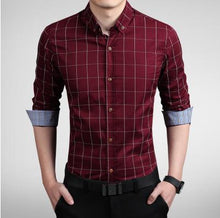 Load image into Gallery viewer, Plaid Shirt Men Long Sleeve Slim Fit White M-5XL 100% Cotton