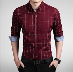 Plaid Shirt Men Long Sleeve Slim Fit White M-5XL 100% Cotton