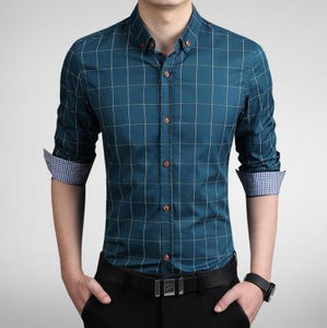 Plaid Shirt Men Long Sleeve Slim Fit White M-5XL 100% Cotton