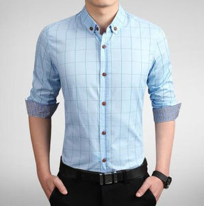 Plaid Shirt Men Long Sleeve Slim Fit White M-5XL 100% Cotton