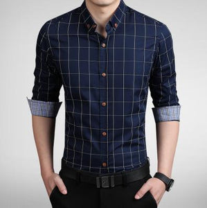 Plaid Shirt Men Long Sleeve Slim Fit White M-5XL 100% Cotton