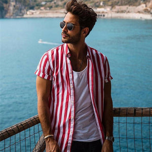 Men Summer Fashion Striped Shirts Top Harajuku Casual Short